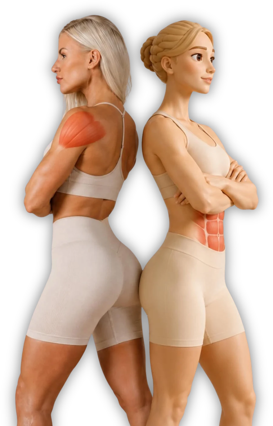 Two figures back to back with highlighted muscle groups